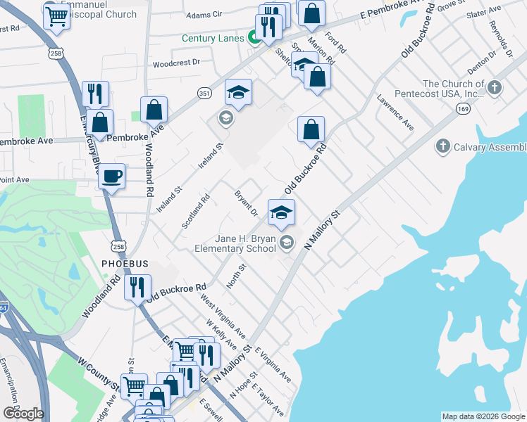 map of restaurants, bars, coffee shops, grocery stores, and more near 921 Old Buckroe Road in Hampton