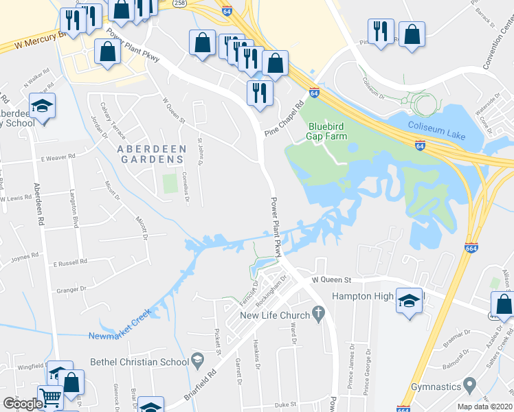 map of restaurants, bars, coffee shops, grocery stores, and more near 1625 Power Plant Parkway in Hampton