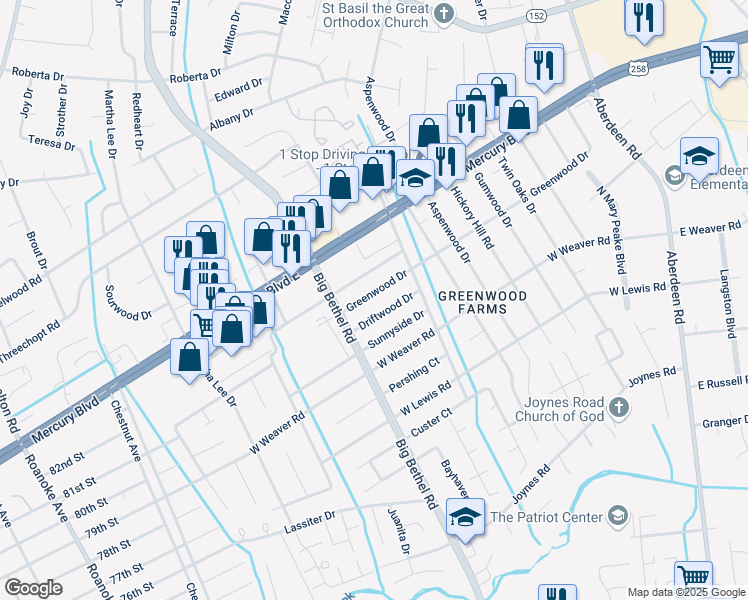 map of restaurants, bars, coffee shops, grocery stores, and more near 3324 Driftwood Drive in Hampton