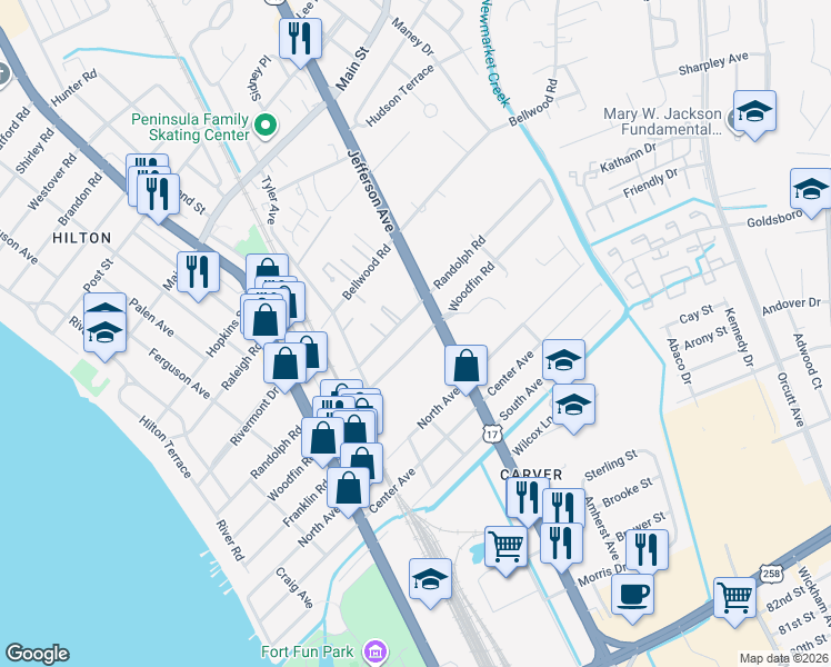 map of restaurants, bars, coffee shops, grocery stores, and more near 518 Woodfin Road in Newport News