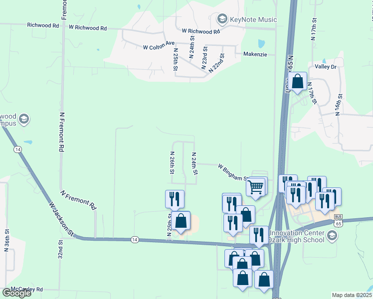 map of restaurants, bars, coffee shops, grocery stores, and more near 1101-1103 North 25th Street in Ozark