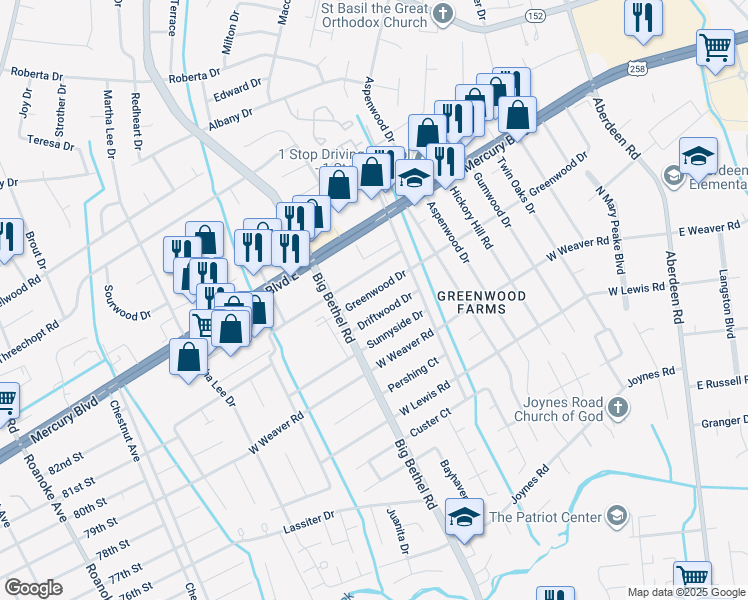 map of restaurants, bars, coffee shops, grocery stores, and more near 3324 Driftwood Drive in Hampton