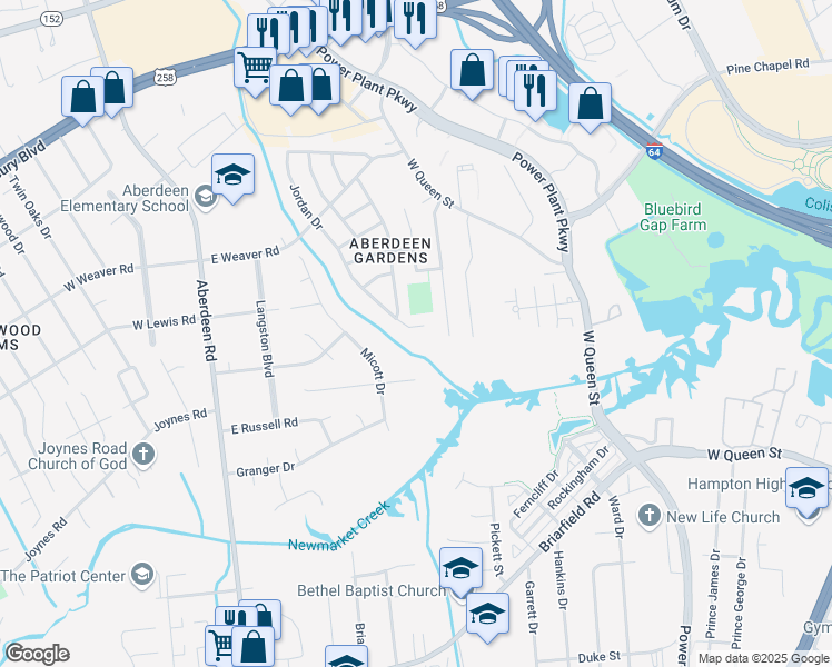 map of restaurants, bars, coffee shops, grocery stores, and more near 9 Jordan Drive in Hampton