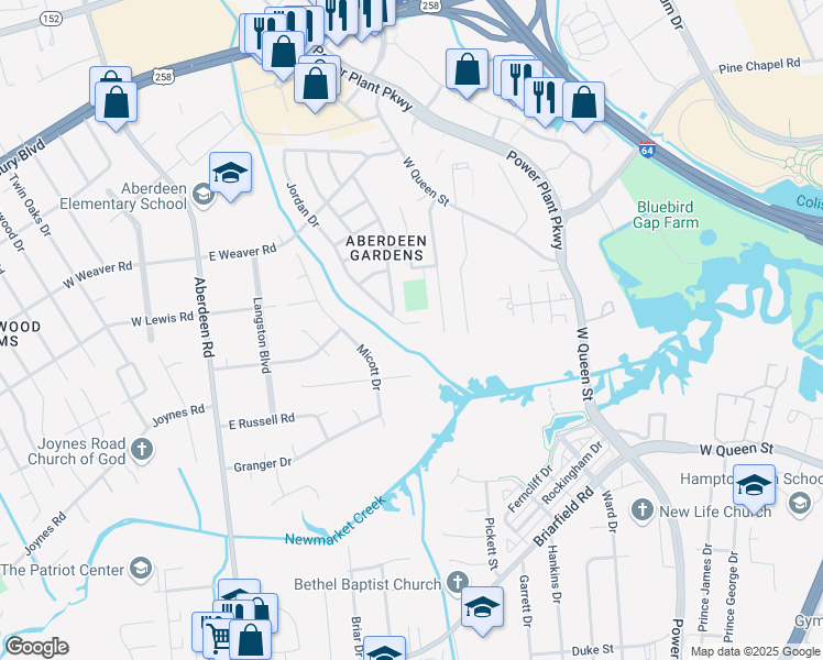 map of restaurants, bars, coffee shops, grocery stores, and more near 9 Jordan Drive in Hampton