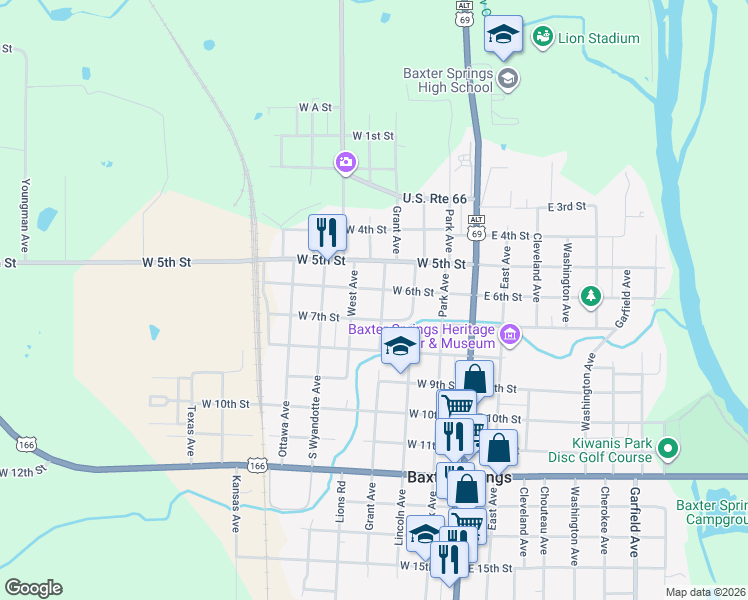 map of restaurants, bars, coffee shops, grocery stores, and more near 301-399 W 7th St in Baxter Springs