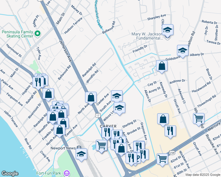 map of restaurants, bars, coffee shops, grocery stores, and more near 814 Center Avenue in Newport News