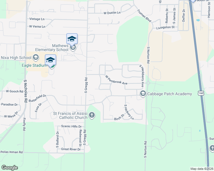 map of restaurants, bars, coffee shops, grocery stores, and more near 988 West Crestwood Street in Nixa
