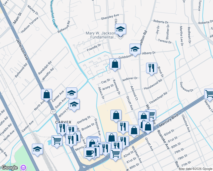 map of restaurants, bars, coffee shops, grocery stores, and more near 5017 Arony Street in Newport News