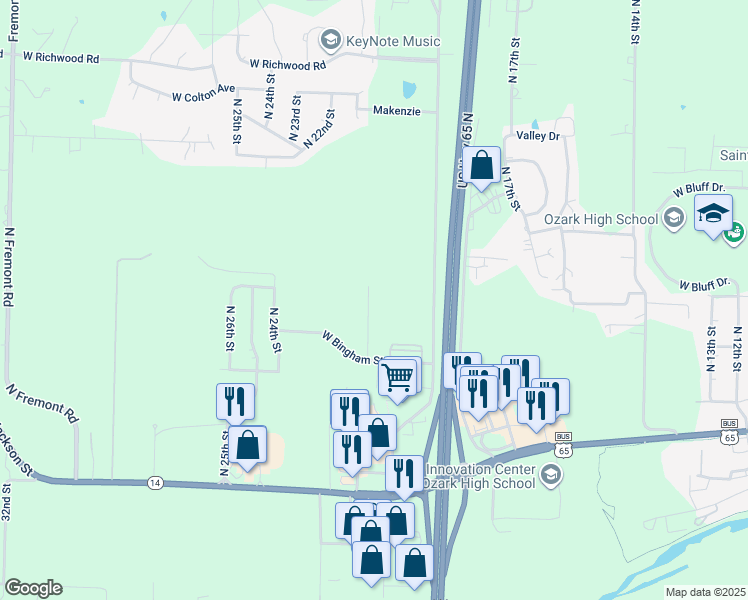 map of restaurants, bars, coffee shops, grocery stores, and more near 1102 North Missouri Drive in Ozark