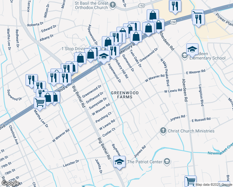 map of restaurants, bars, coffee shops, grocery stores, and more near 38 Woodbury Forrest Drive in Hampton