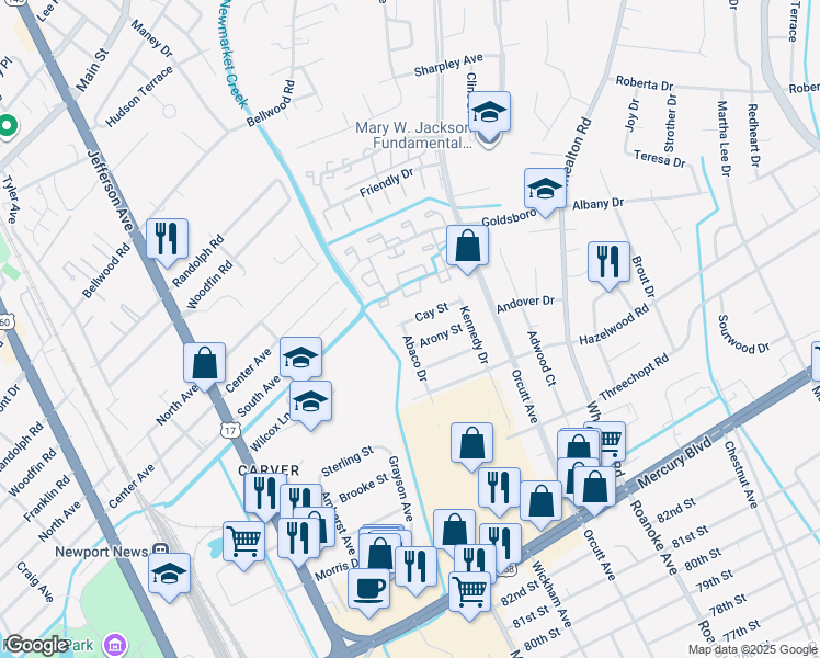map of restaurants, bars, coffee shops, grocery stores, and more near 5019 Cay Street in Newport News