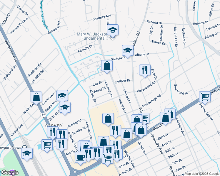 map of restaurants, bars, coffee shops, grocery stores, and more near 8512 Kennedy Drive in Newport News