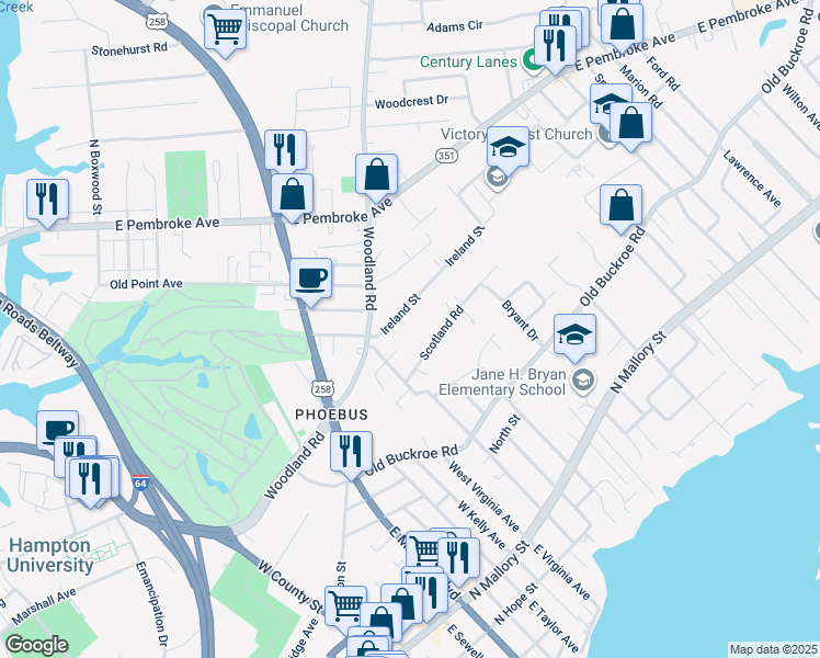 map of restaurants, bars, coffee shops, grocery stores, and more near 18 Ireland Street in Hampton
