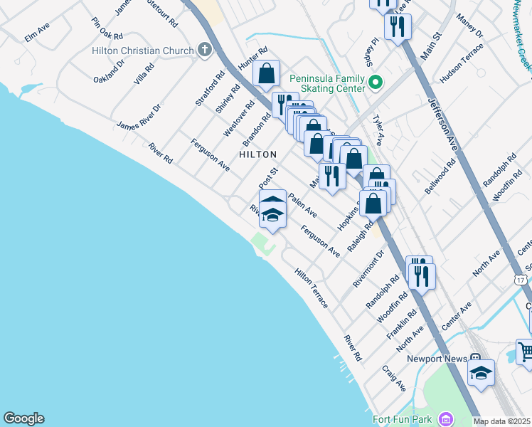 map of restaurants, bars, coffee shops, grocery stores, and more near 306 River Road in Newport News