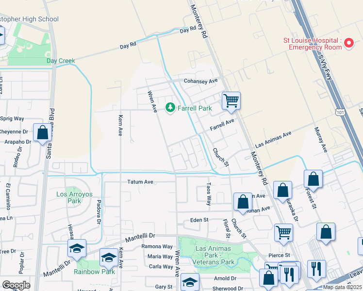 map of restaurants, bars, coffee shops, grocery stores, and more near 270 Farrell Avenue in Gilroy