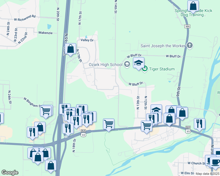 map of restaurants, bars, coffee shops, grocery stores, and more near 1407 West Parkview in Ozark