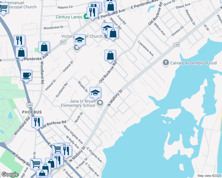map of restaurants, bars, coffee shops, grocery stores, and more near 16 Henderson Lane in Hampton