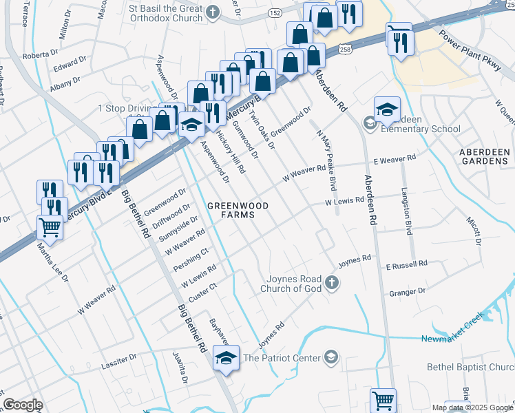 map of restaurants, bars, coffee shops, grocery stores, and more near 40 Hickory Hill Road in Hampton