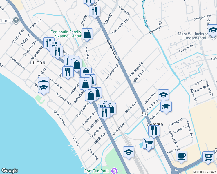 map of restaurants, bars, coffee shops, grocery stores, and more near 502 Bellwood Road in Newport News