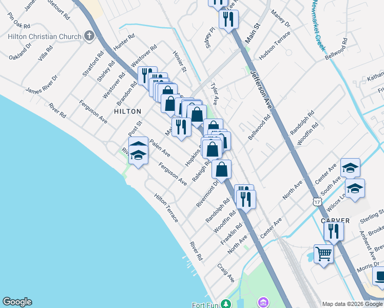 map of restaurants, bars, coffee shops, grocery stores, and more near 203 Piez Avenue in Newport News