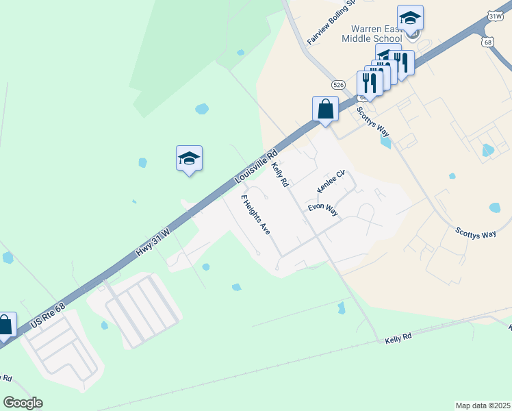 map of restaurants, bars, coffee shops, grocery stores, and more near 65 Rocky Court in Bowling Green