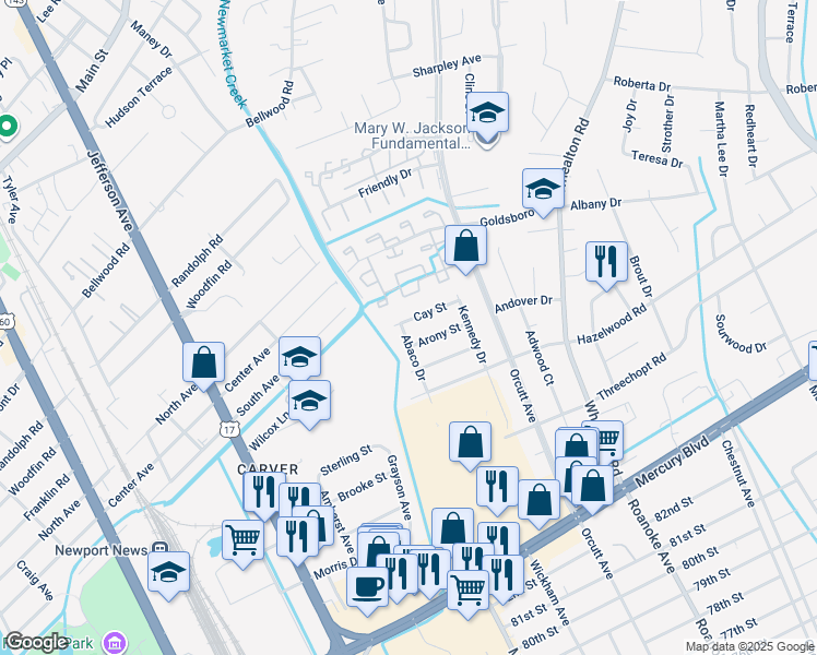 map of restaurants, bars, coffee shops, grocery stores, and more near 5019 Cay Street in Newport News