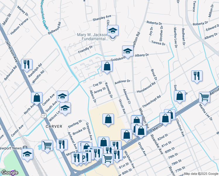 map of restaurants, bars, coffee shops, grocery stores, and more near 8512 Kennedy Drive in Newport News