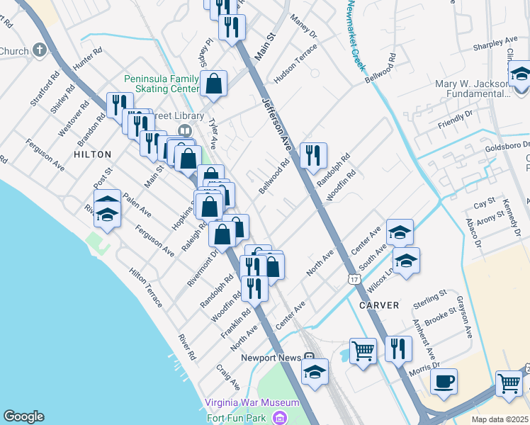 map of restaurants, bars, coffee shops, grocery stores, and more near 116 Tyler Avenue in Newport News