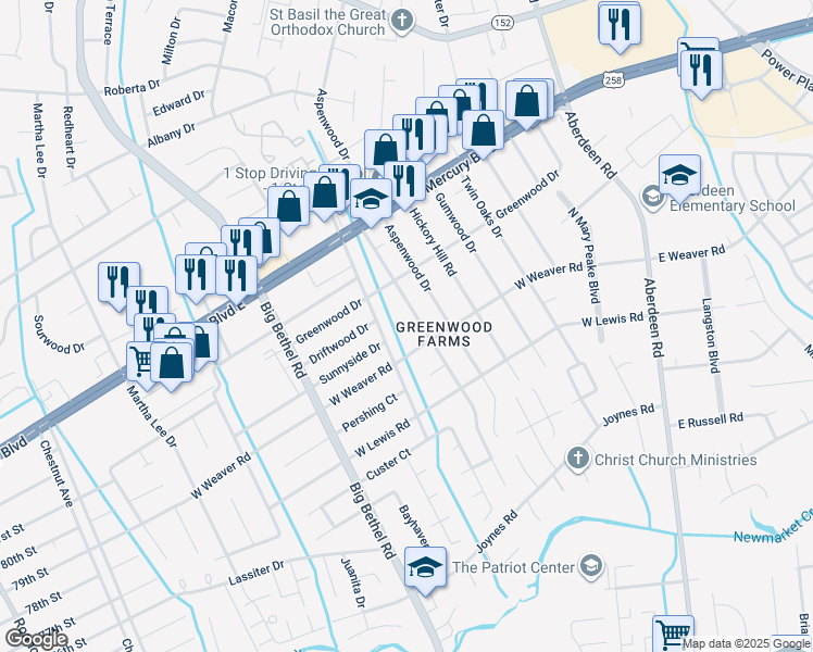 map of restaurants, bars, coffee shops, grocery stores, and more near 36 Woodbury Forrest Drive in Hampton