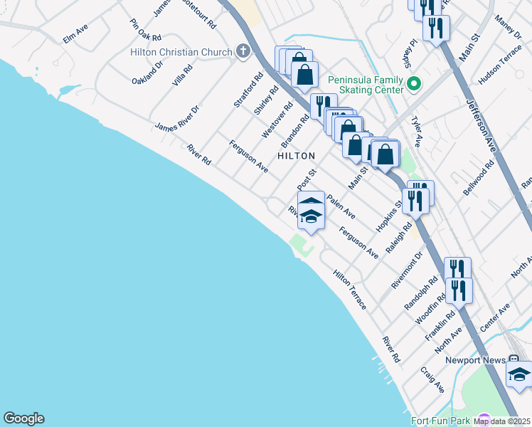 map of restaurants, bars, coffee shops, grocery stores, and more near 405 Park Place in Newport News