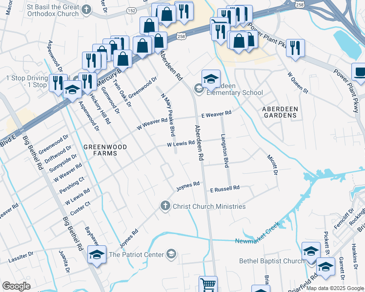 map of restaurants, bars, coffee shops, grocery stores, and more near 12 West Lewis Road in Hampton