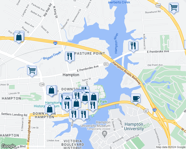 map of restaurants, bars, coffee shops, grocery stores, and more near 329 Center Street in Hampton
