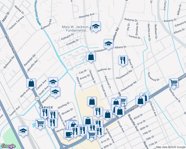 map of restaurants, bars, coffee shops, grocery stores, and more near 5001 Cay Street in Newport News