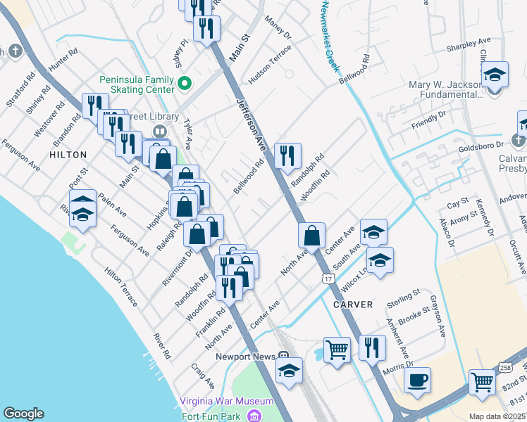 map of restaurants, bars, coffee shops, grocery stores, and more near 520 Bellwood Road in Newport News