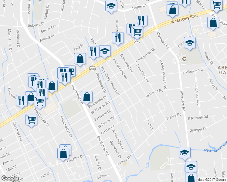 map of restaurants, bars, coffee shops, grocery stores, and more near 36 Woodbury Forrest Drive in Hampton