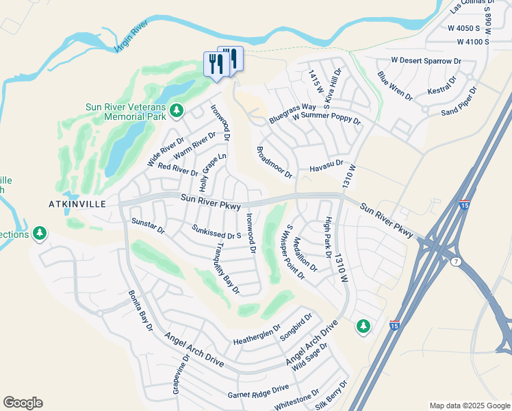 map of restaurants, bars, coffee shops, grocery stores, and more near Sunriver Parkway in St. George