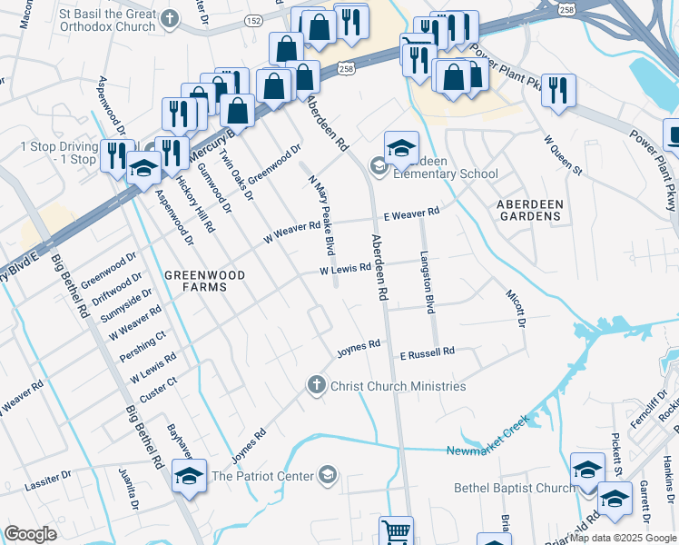 map of restaurants, bars, coffee shops, grocery stores, and more near 28 North Mary Peake Boulevard in Hampton