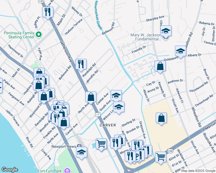 map of restaurants, bars, coffee shops, grocery stores, and more near 902 North Avenue in Newport News