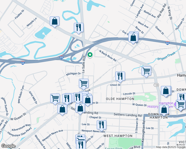 map of restaurants, bars, coffee shops, grocery stores, and more near 902 Carolina Street in Hampton