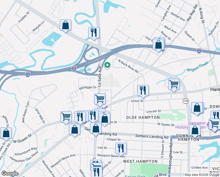 map of restaurants, bars, coffee shops, grocery stores, and more near 1320 LaSalle Avenue in Hampton