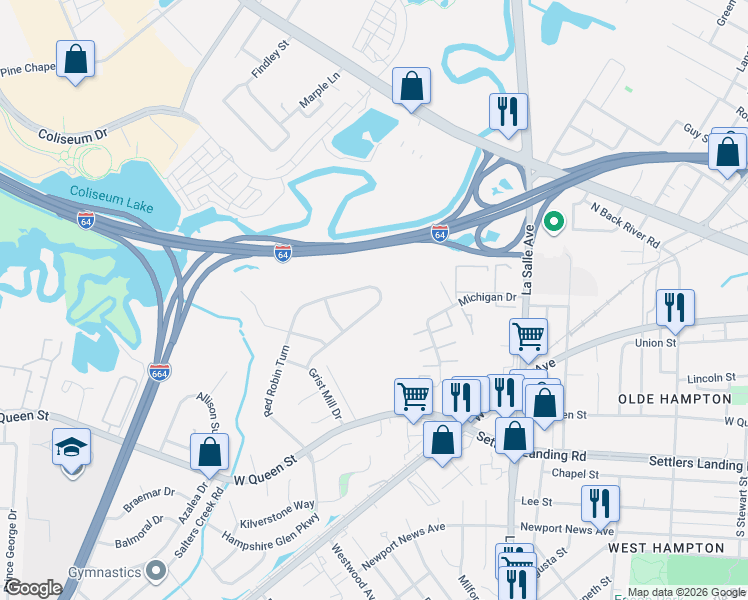 map of restaurants, bars, coffee shops, grocery stores, and more near 42 Red Robin Turn in Hampton