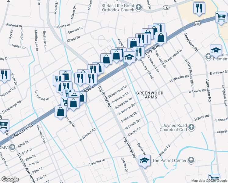 map of restaurants, bars, coffee shops, grocery stores, and more near 3317 Candlewood Drive in Hampton