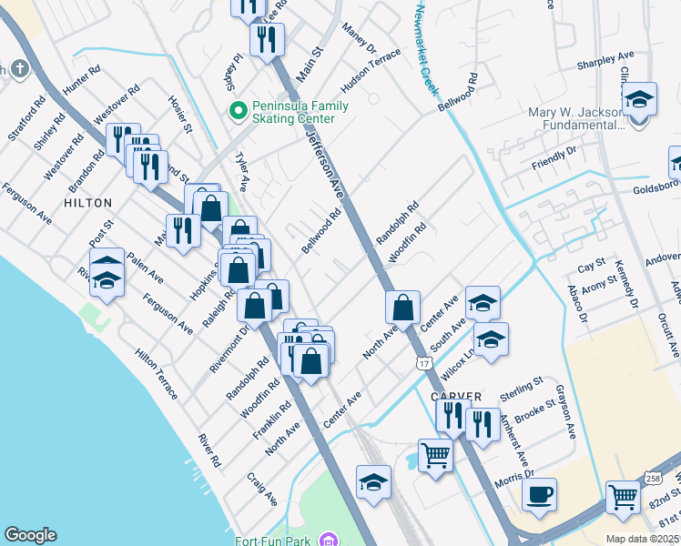 map of restaurants, bars, coffee shops, grocery stores, and more near 520 Bellwood Road in Newport News