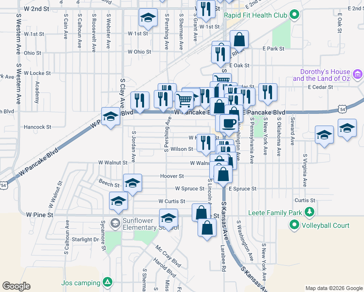 map of restaurants, bars, coffee shops, grocery stores, and more near 124 West Hickory Street in Liberal