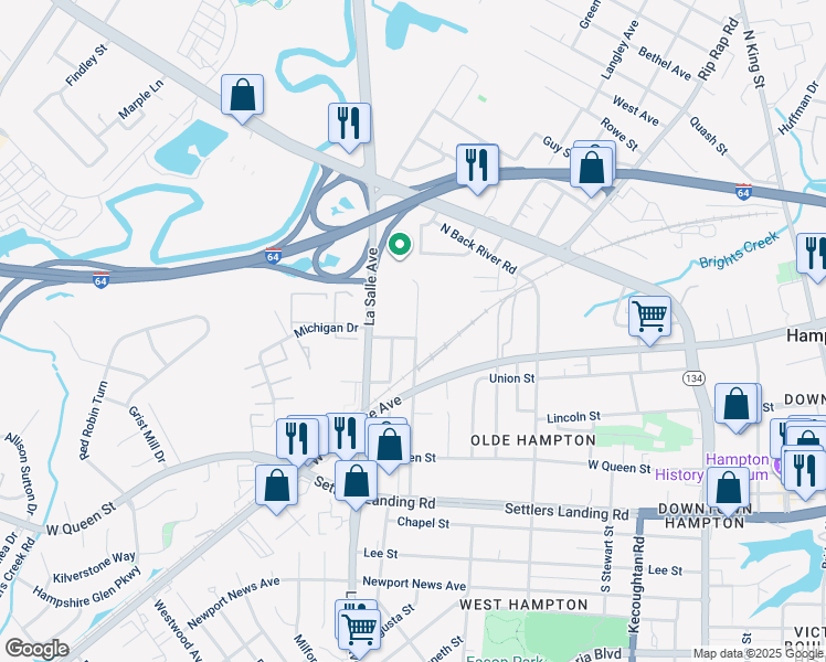 map of restaurants, bars, coffee shops, grocery stores, and more near 902 Carolina Street in Hampton