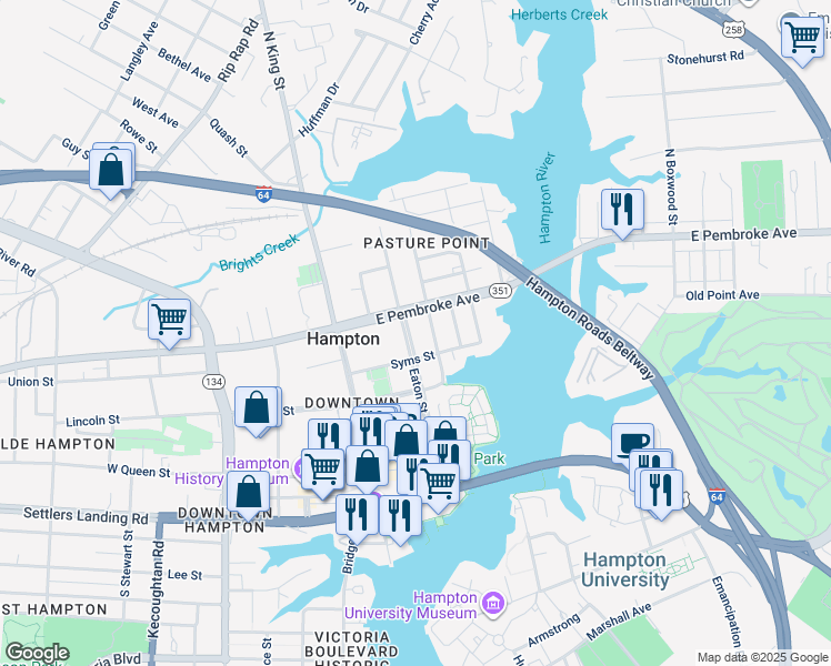 map of restaurants, bars, coffee shops, grocery stores, and more near 386 Eaton Street in Hampton