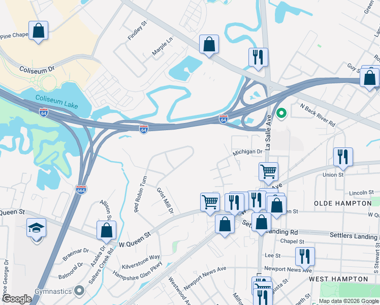 map of restaurants, bars, coffee shops, grocery stores, and more near 42 Red Robin Turn in Hampton