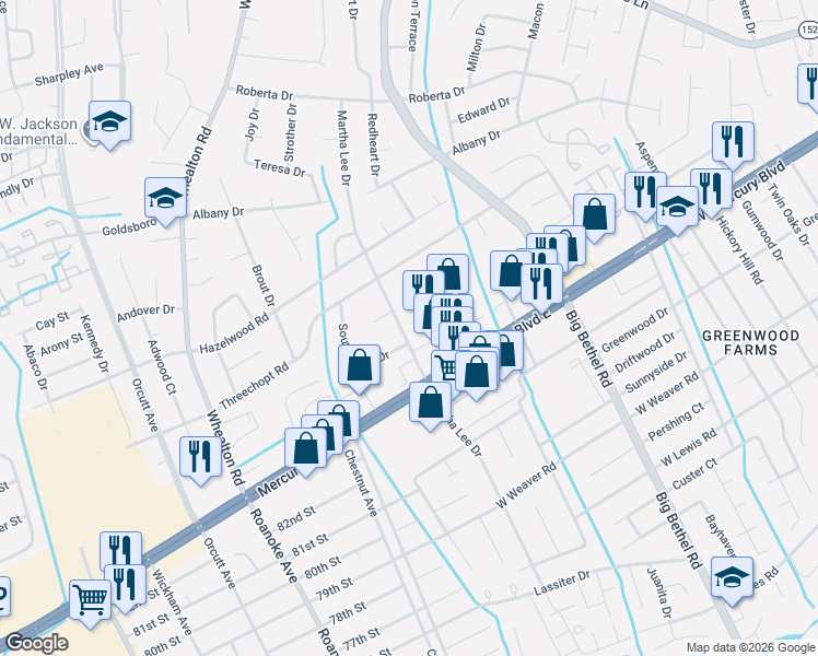 map of restaurants, bars, coffee shops, grocery stores, and more near 4024 West Mercury Boulevard in Hampton