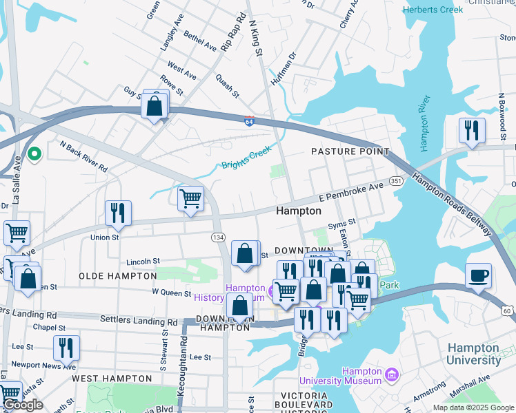 map of restaurants, bars, coffee shops, grocery stores, and more near 406 Harrison Street in Hampton