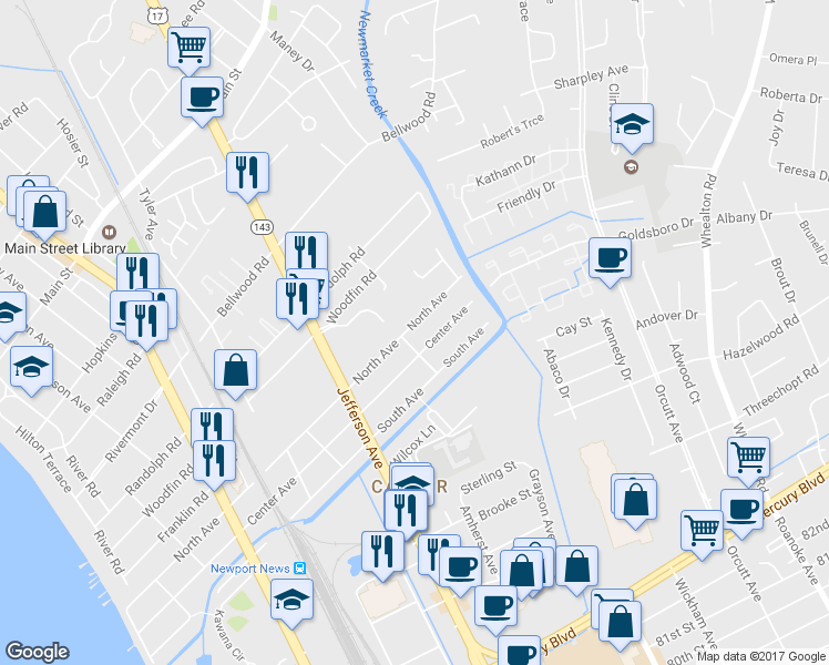 map of restaurants, bars, coffee shops, grocery stores, and more near 904 North Avenue in Newport News